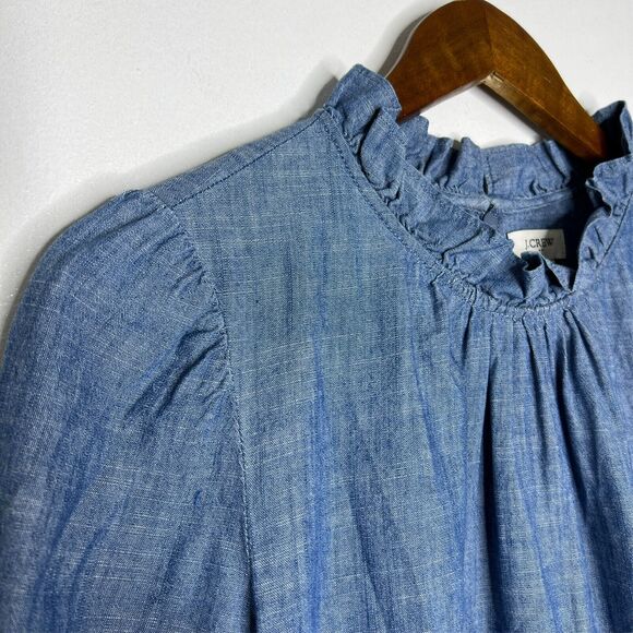 J Crew Women’s Dress Size 6 Chambray Long Sleeve Ruffle Neck Casual Lightweight - Picture 2 of 7